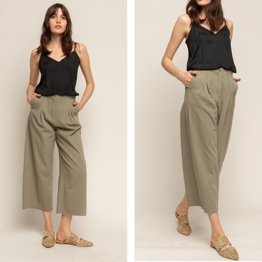 Grade & Gather Pleated Front‎ Twill High Rise Wide Leg Pant Natural Size L
